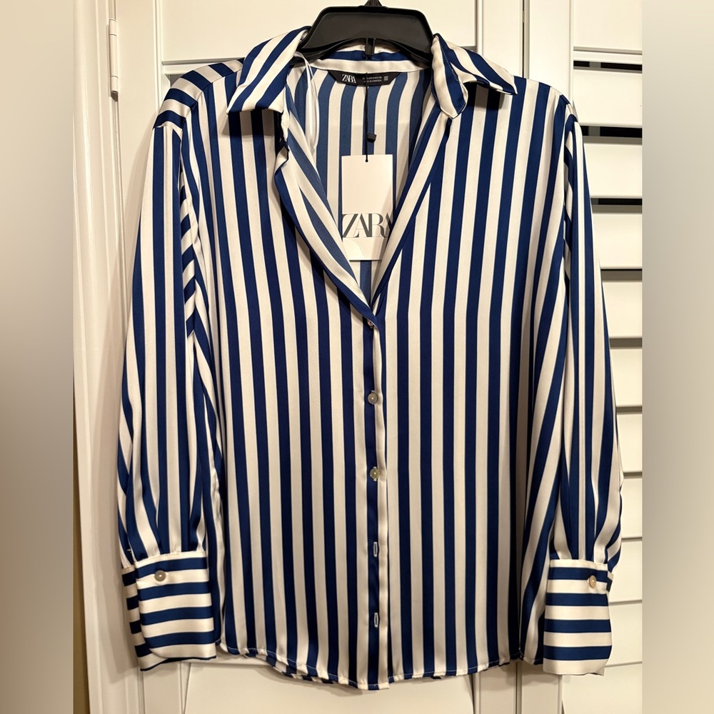 Zara Navy and Cream Striped Blouse
